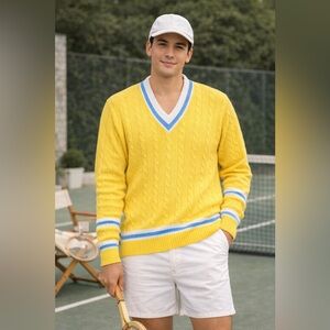 Vintage 70s Puritan Rod Laver Large Yellow Tennis Cable Knit V Neck Sweater